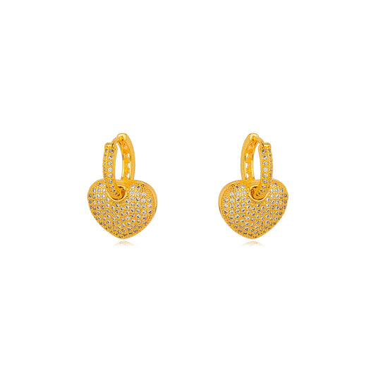 18K Gold Plated Dangling Heart Studded Zirconia Earrings