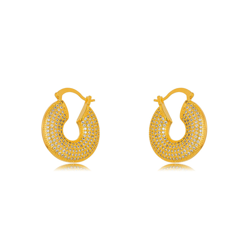 18K Gold Plated Thick Hoops Studded Zirconia Latch Back Earrings