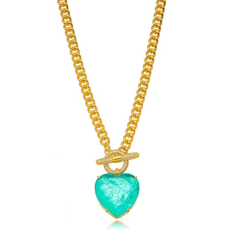 18K Gold Plated Studded Zirconia Cuban Link Green Paraiba Fusion Heart Necklace