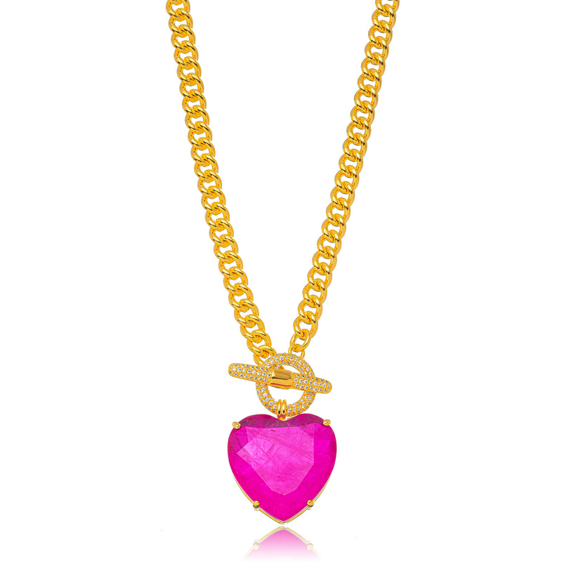 18K Gold Plated Studded Zirconia Cuban Link Pink Tourmaline Fusion Heart Necklace