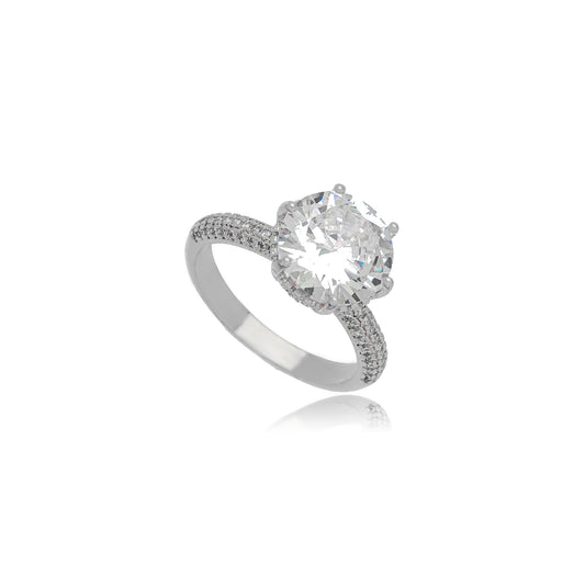 White Rhodium Solitaire Studded Zirconia Ring