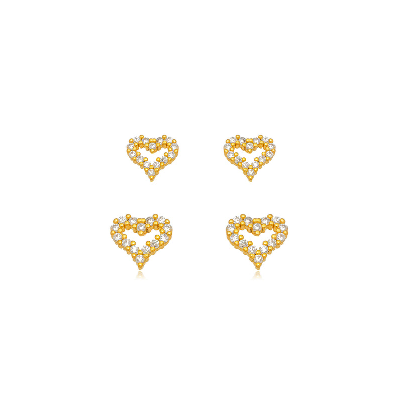 18K Gold Plated Double Heart Studded Zirconia Earrings