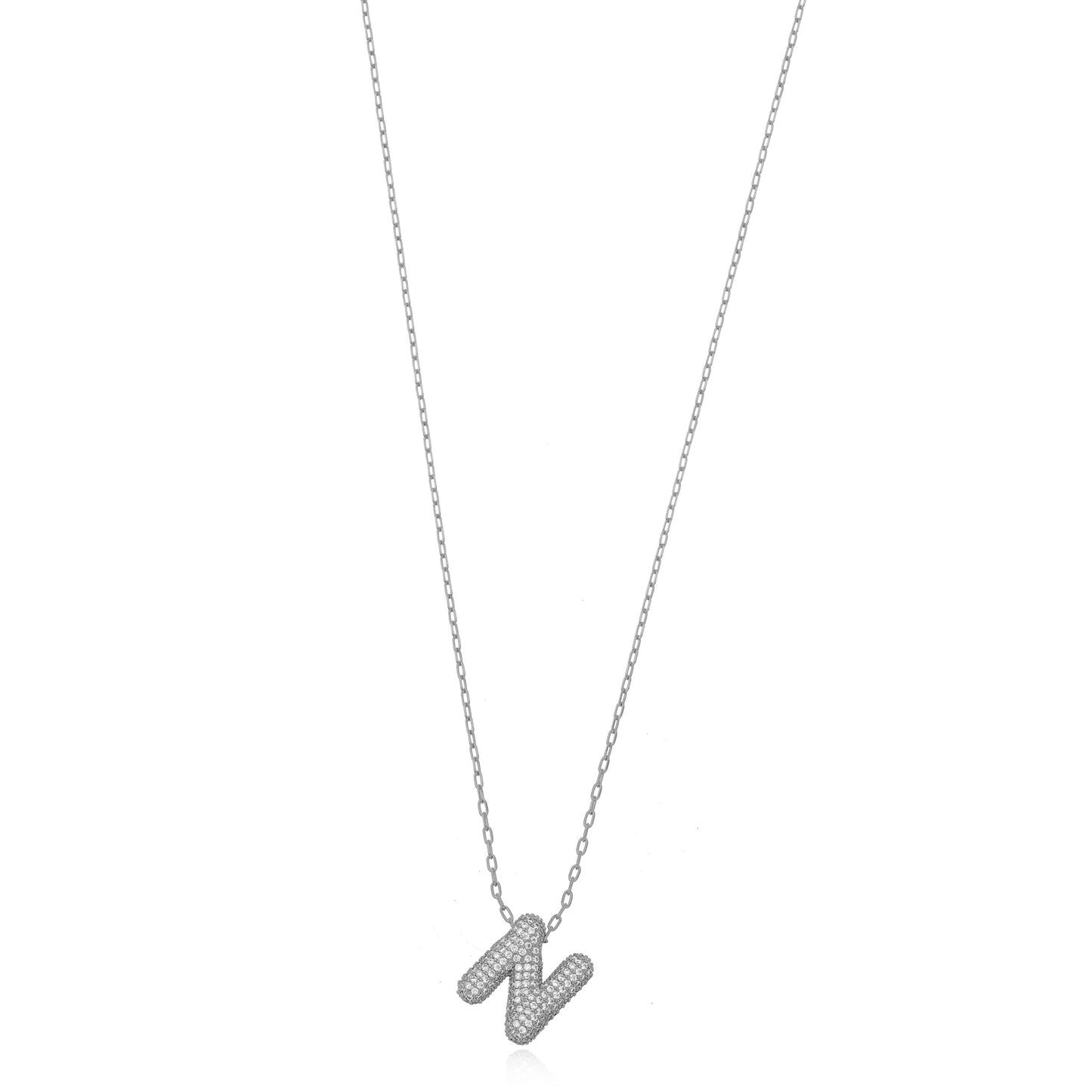 White Rhodium Plated Letter Studded Zirconia Personalized Necklace