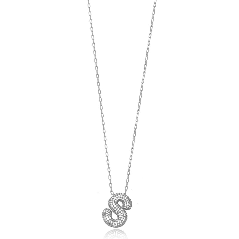 White Rhodium Plated Letter Studded Zirconia Personalized Necklace