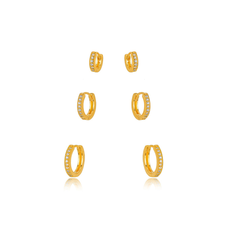 18K Gold Plated Trio Click Small Hoops Studded Zirconia Earrings