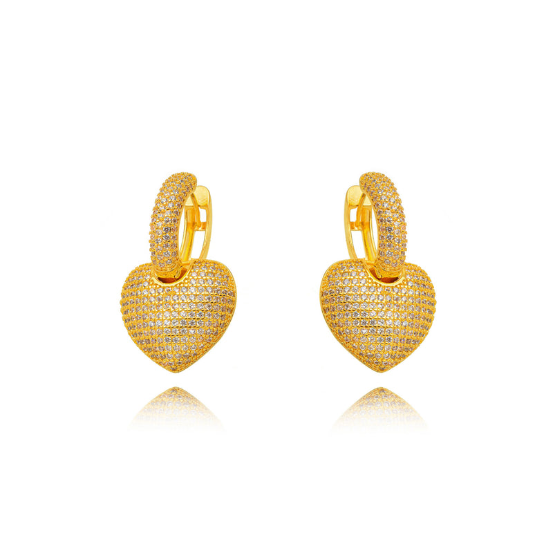 18K Gold Plated Bold Dangling Heart Studded Zirconia Earrings