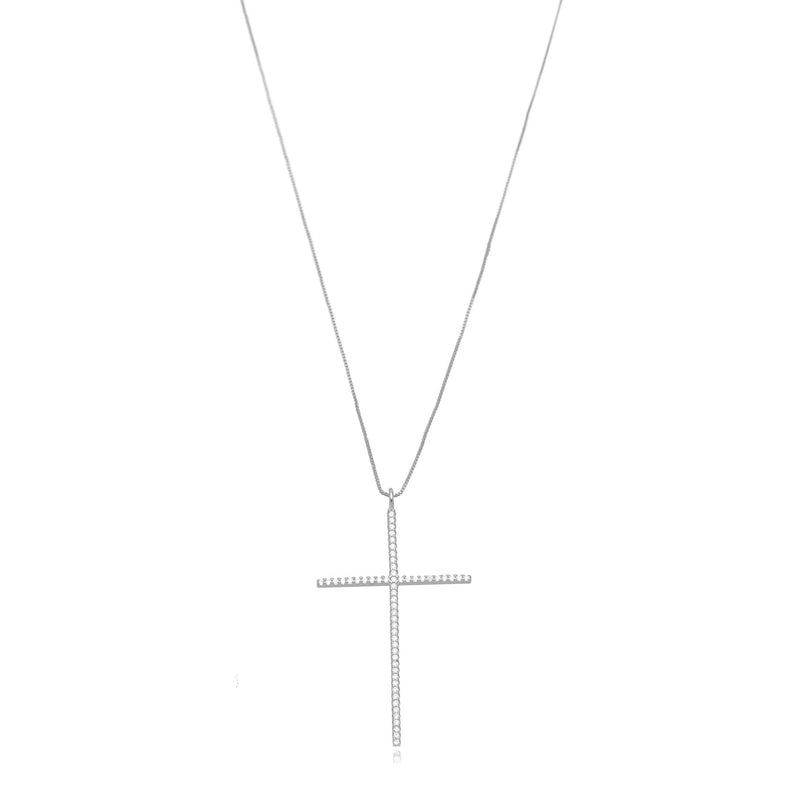 White Rhodium Plated Religious Cross Studded Zirconia Pendant Necklace