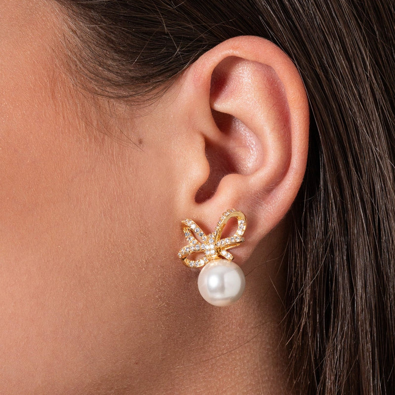 18K Gold Plated Studded Zirconia Bow Pearl Earrings