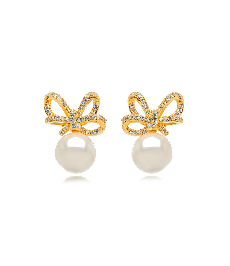 18K Gold Plated Studded Zirconia Bow Pearl Earrings