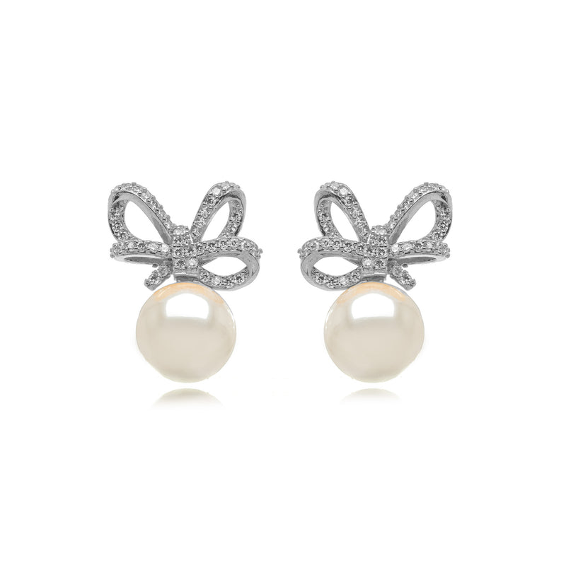 White Rhodium Plated Studded Zirconia Bow Pearl Earrings