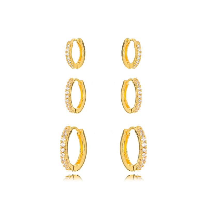 18K Gold Plated Trio Click Hoops Studded Zirconia Earrings