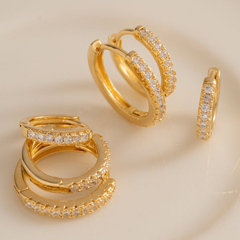 18K Gold Plated Trio Click Hoops Studded Zirconia Earrings