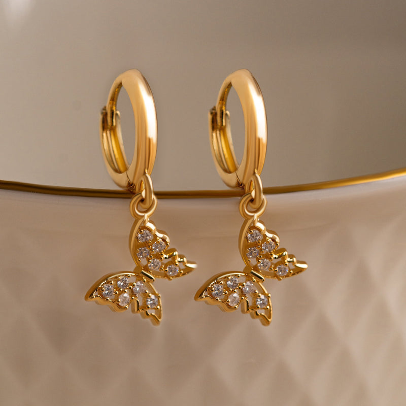 18K Gold Plated Hoops Dangling Studded Zirconia Butterfly Earrings