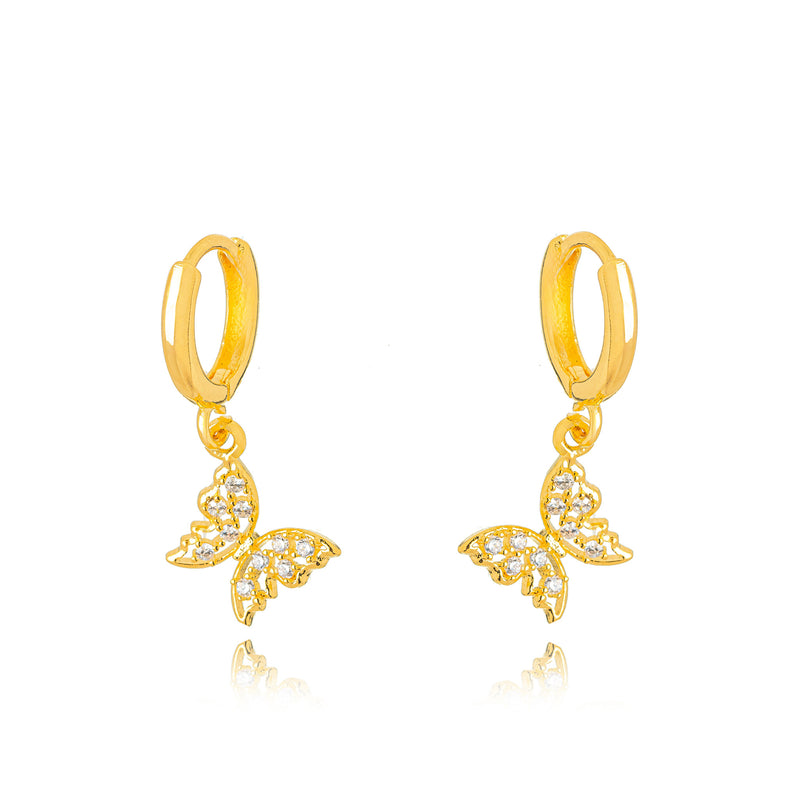 18K Gold Plated Hoops Dangling Studded Zirconia Butterfly Earrings