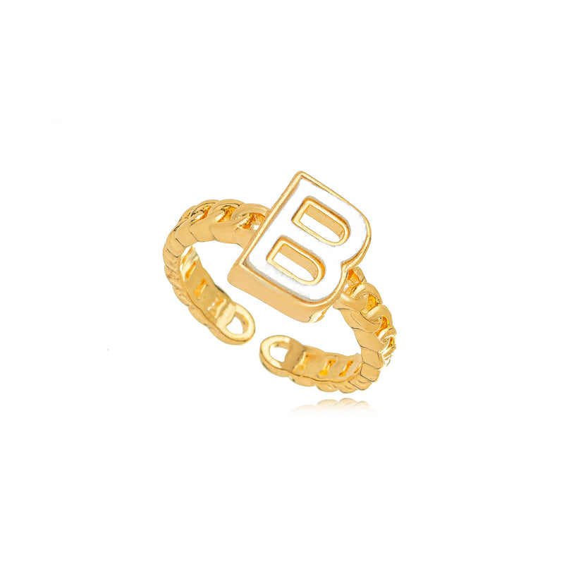 18K Gold Plated Letter Mother Pearl Adjustable Ring