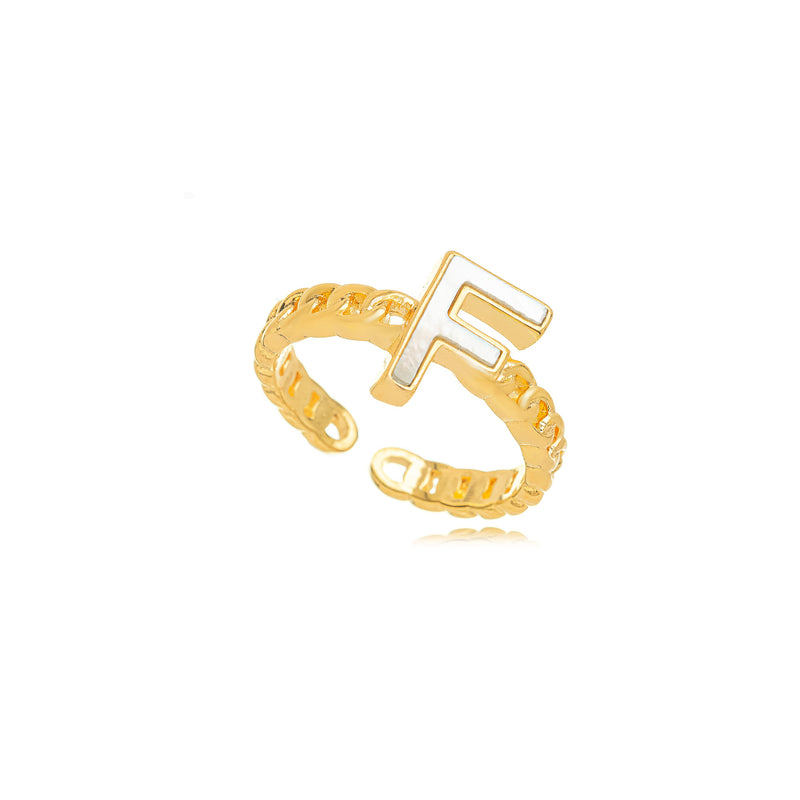 18K Gold Plated Letter Mother Pearl Adjustable Ring