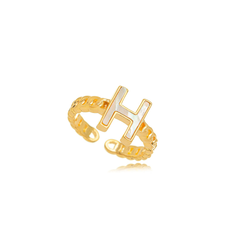 18K Gold Plated Letter Mother Pearl Adjustable Ring