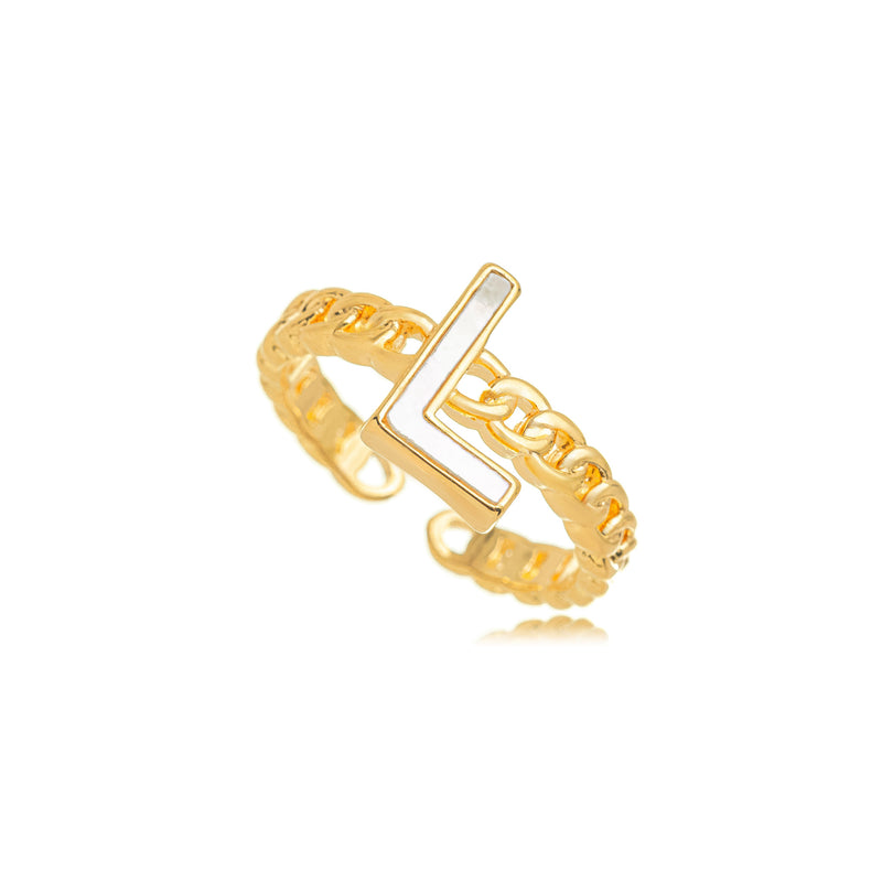 18K Gold Plated Letter Mother Pearl Adjustable Ring