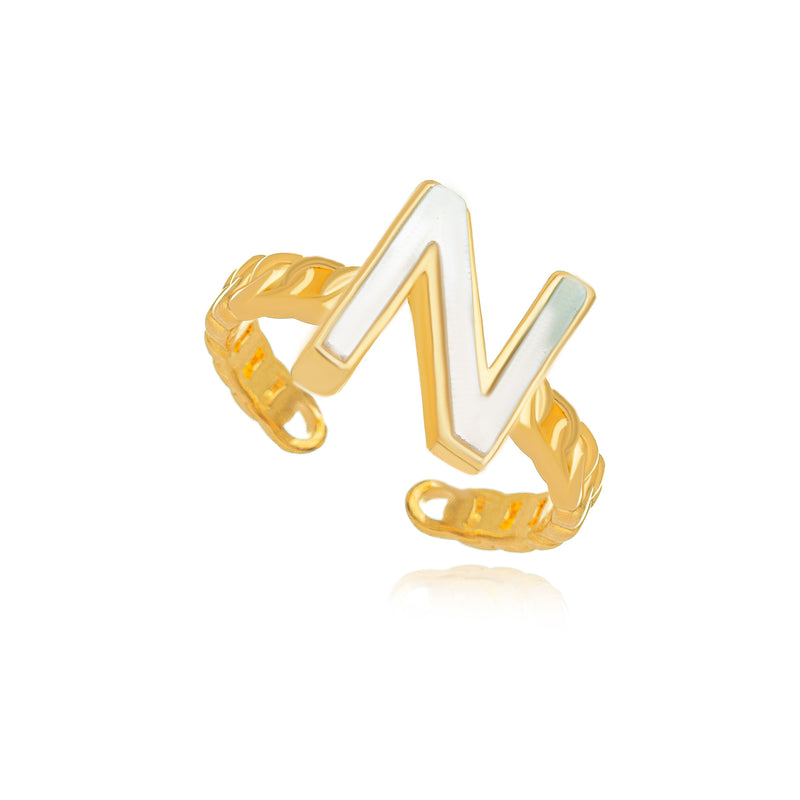 18K Gold Plated Letter Mother Pearl Adjustable Ring