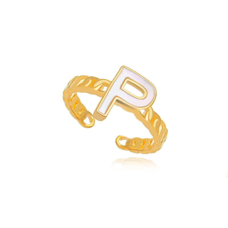 18K Gold Plated Letter Mother Pearl Adjustable Ring