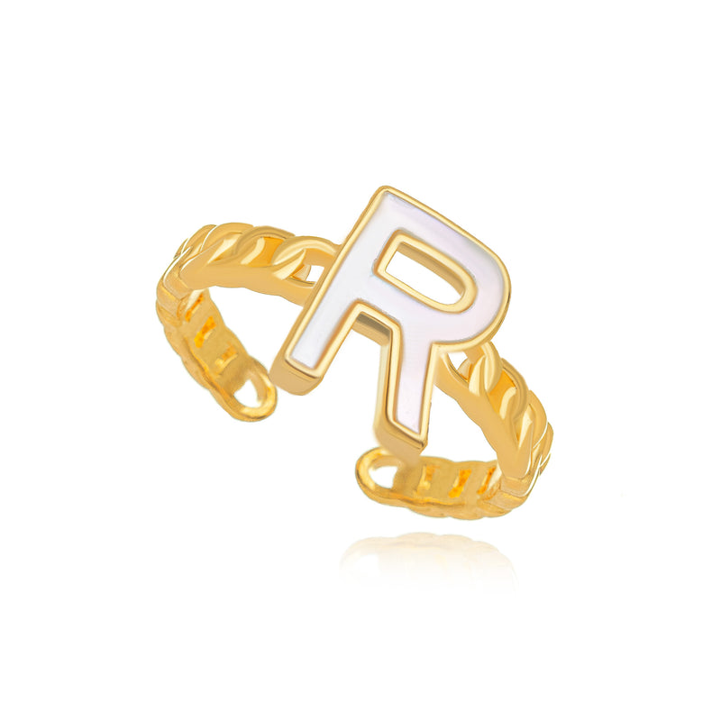 18K Gold Plated Letter Mother Pearl Adjustable Ring