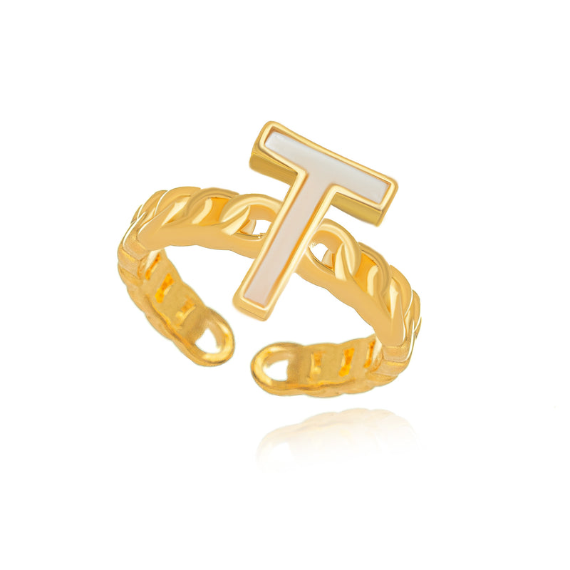 18K Gold Plated Letter Mother Pearl Adjustable Ring