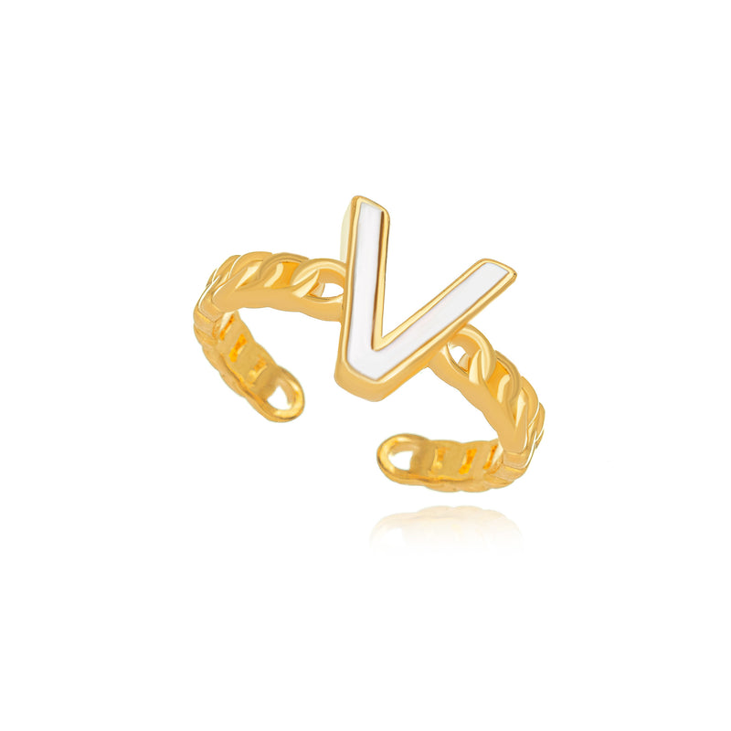 18K Gold Plated Letter Mother Pearl Adjustable Ring