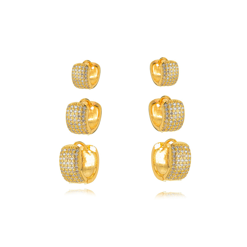 18K Gold Plated Trio Click Thick Hoops Studded Zirconia Earrings