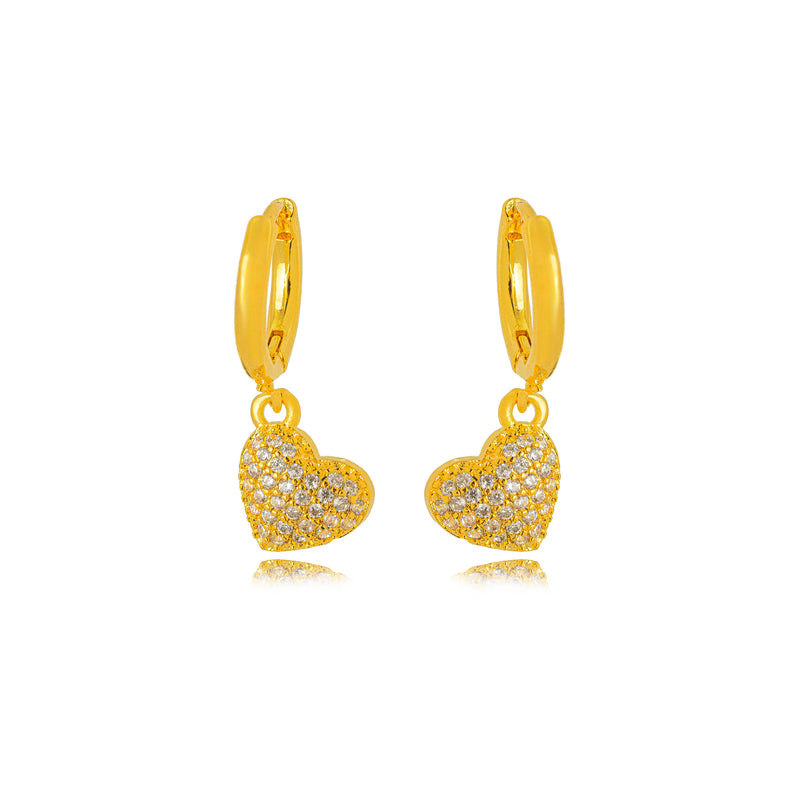 18K Gold Plated Hoops Dangling Studded Zirconia Heart Earrings