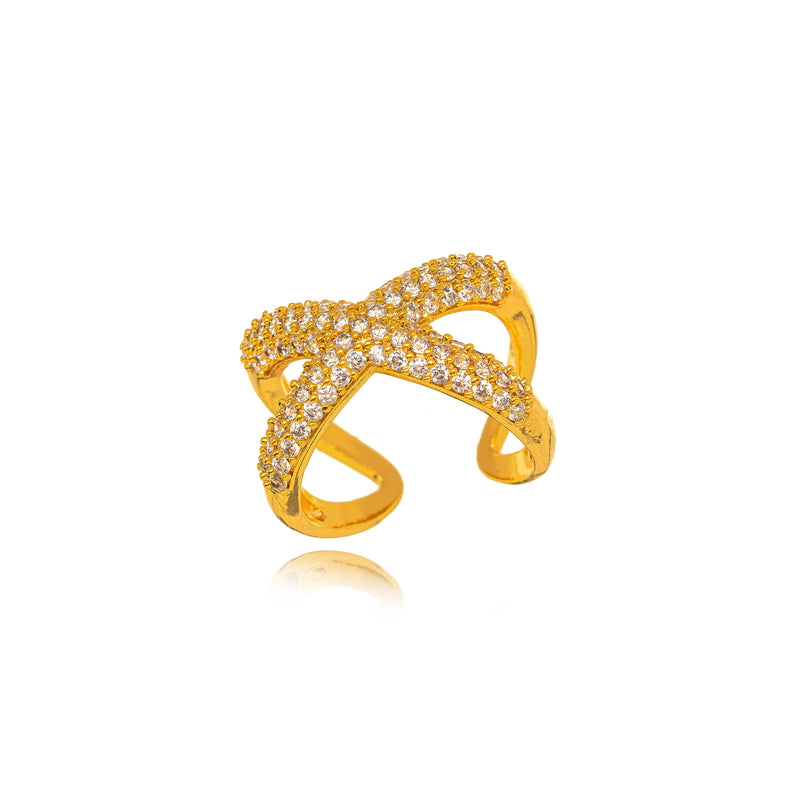 18K Gold Plated Open Studded Zirconia Thick X Ring