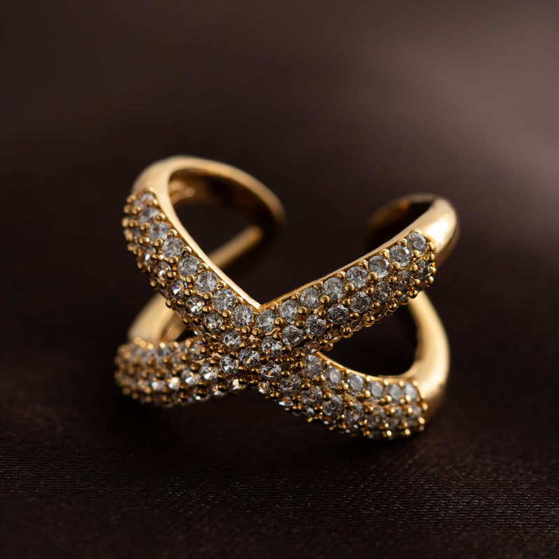 18K Gold Plated Open Studded Zirconia Thick X Ring