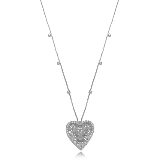 White Rhodium Plated Religious Studded Zirconia Heart Necklace