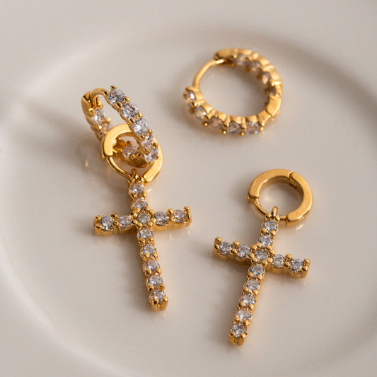 18K Gold Plated Hoops Cross Pendant Earrings