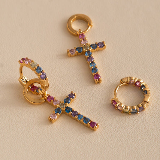 18K Gold Plated Colorful Hoops Cross Pendant Earrings