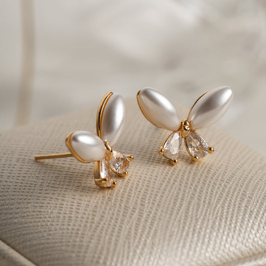 18K Gold Plated Pearl Stud Butterfly Earrings