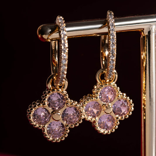 18K Gold Plated Duo Hoops Dangling Studded Pink Zirconia Clover Earrings