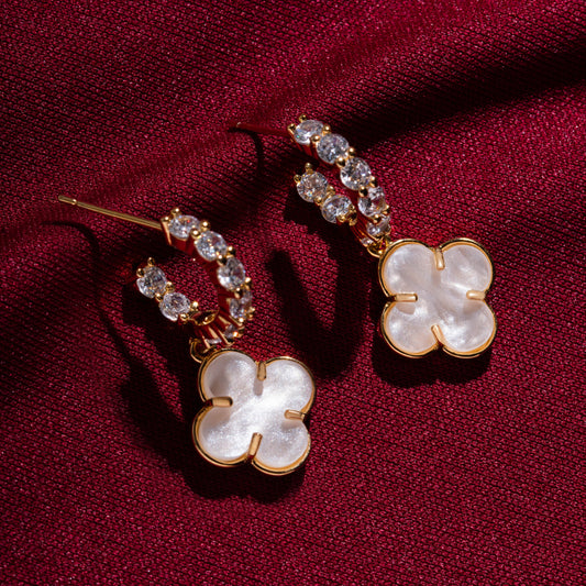 18K Gold Plated Zirconia Hoops Dangling Studded Mother Pearl Clover Earrings