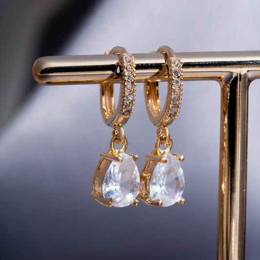 18K Gold Plated Hoops Dangling Studded Zirconia Small Teardrop Earrings