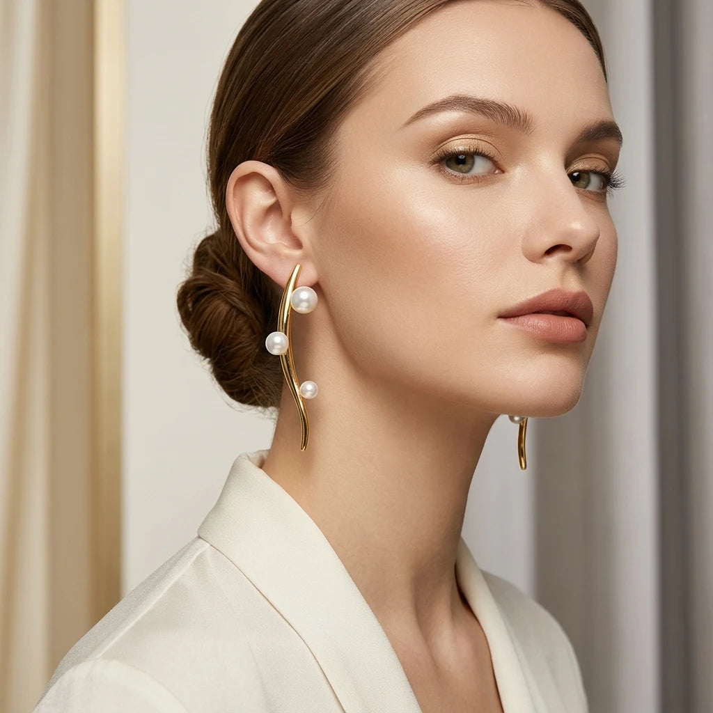 Long Curves with Pearls Earrings - 18K Gold Plated