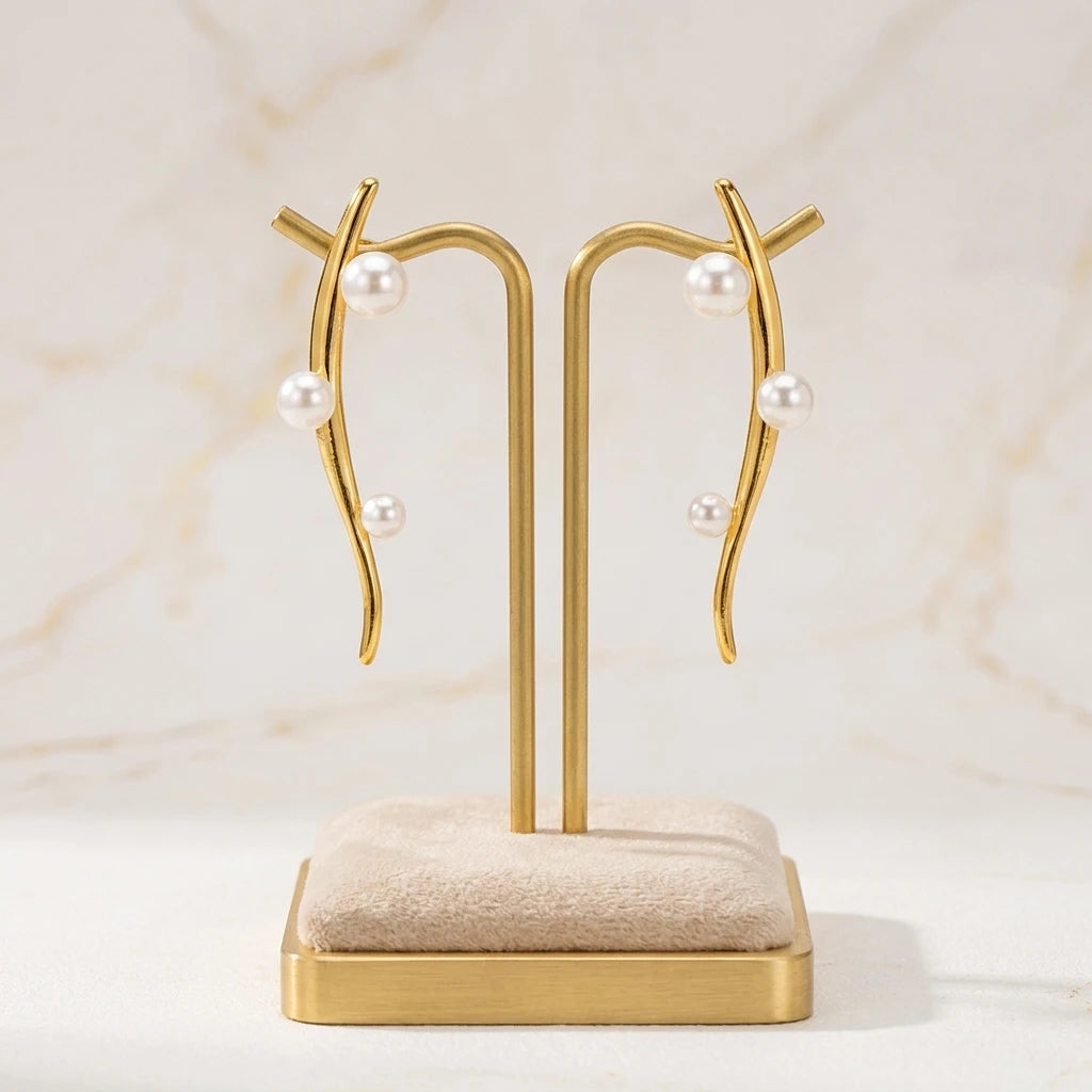 Long Curves with Pearls Earrings - 18K Gold Plated