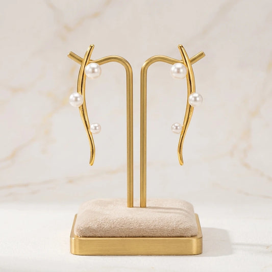 Long Curves with Pearls Earrings - 18K Gold Plated