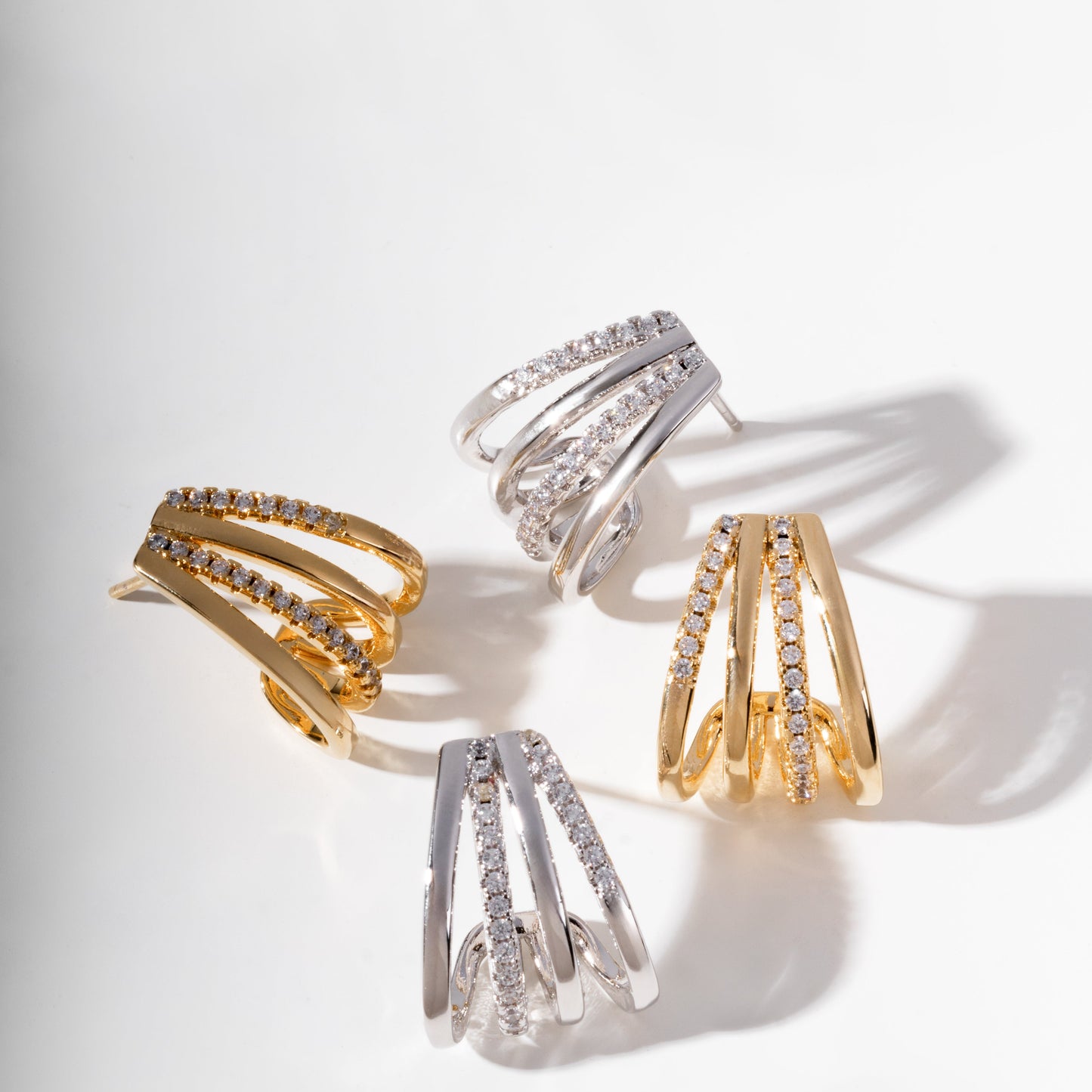 Ear Jacket Studded Zirconia Earrings - White Rhodium Plated