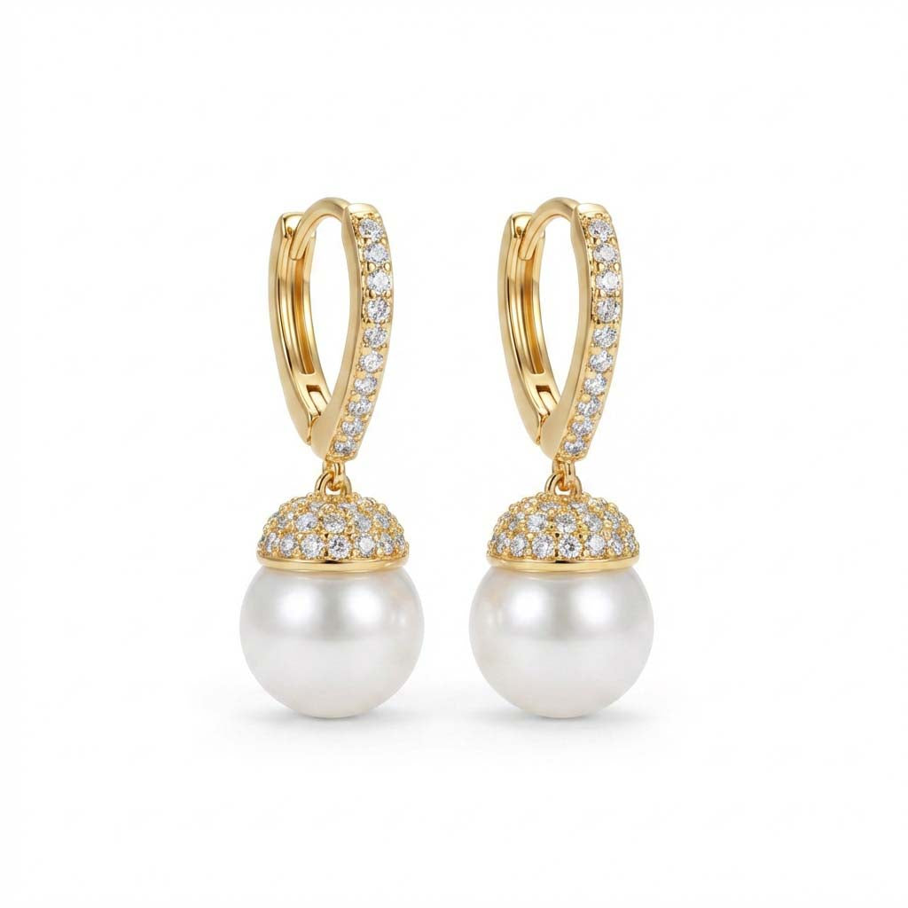 Pavé Hoop Earrings with Pearl Drop - 18K Gold Plated