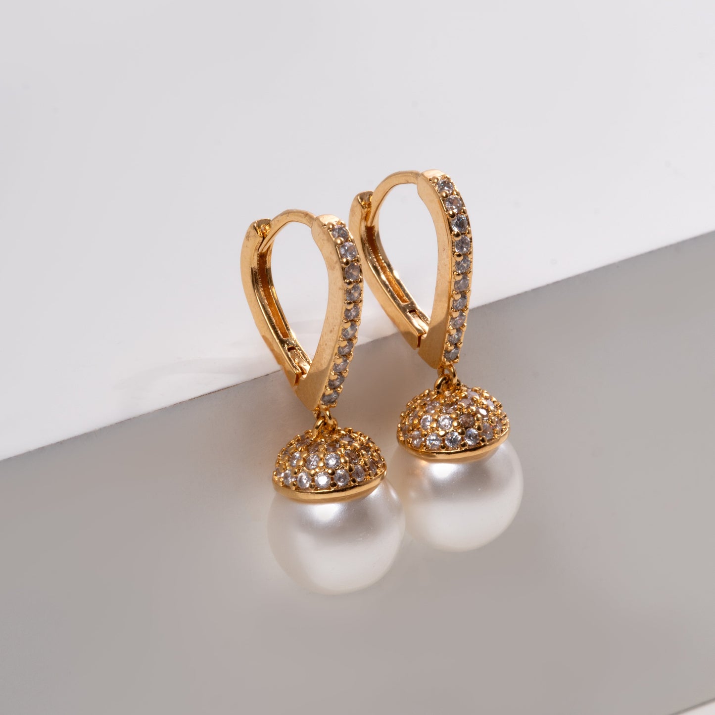 Pavé Hoop Earrings with Pearl Drop - 18K Gold Plated