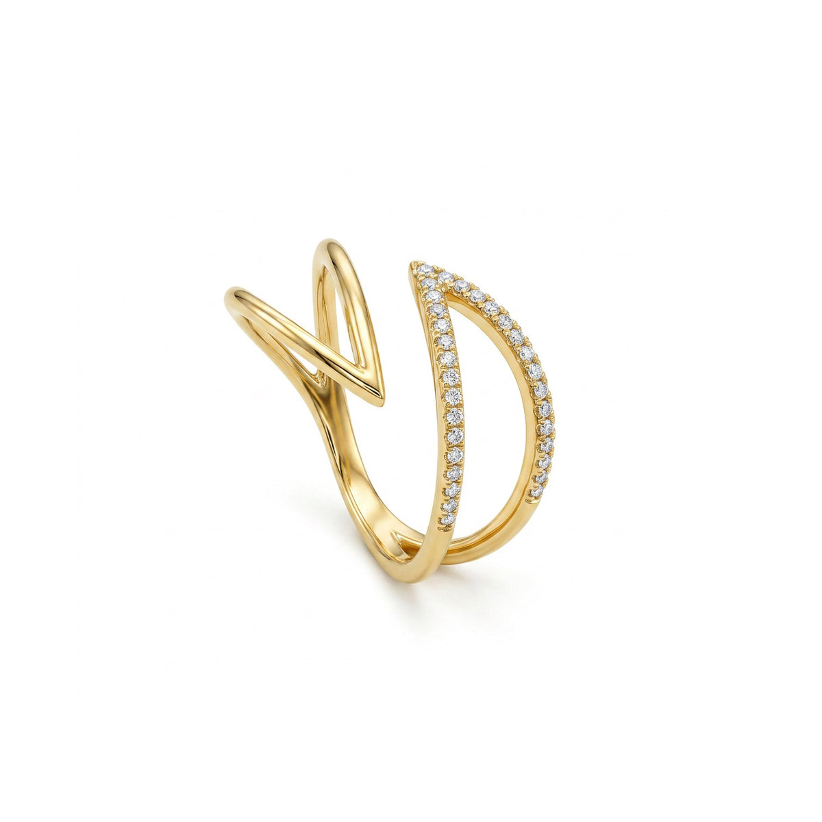 Studded Zirconia Crossover Open Ring - 18K Gold Plated