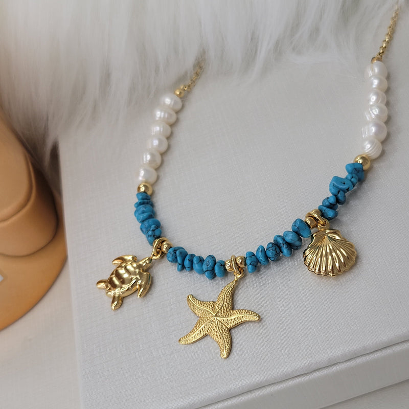 18K Gold Plated Pearls Turquoise Stones Beach Pendants Necklace