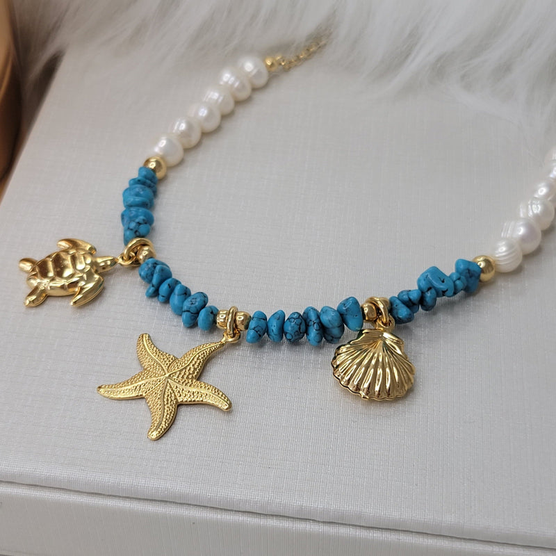 18K Gold Plated Pearls Turquoise Stones Beach Pendants Necklace