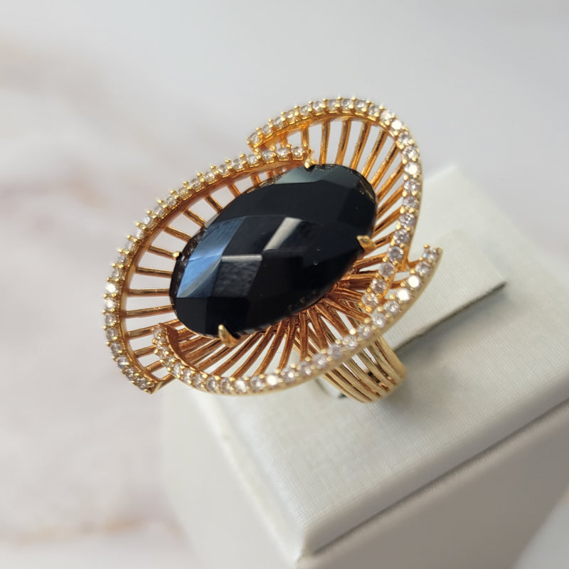 18k Gold Plated Onyx Studded Zirconia Ring