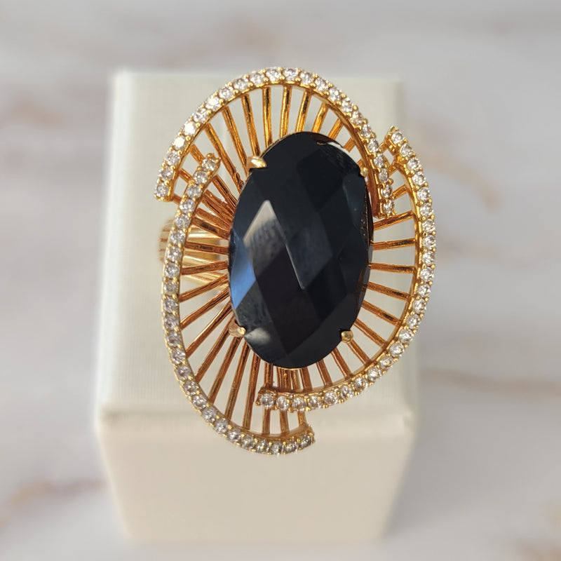 18k Gold Plated Onyx Studded Zirconia Ring