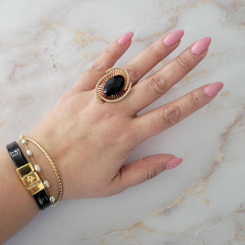 18k Gold Plated Onyx Studded Zirconia Ring